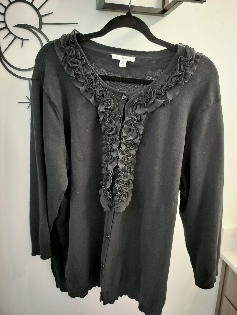 Isaac Mizrahi Live! Women's XXL (2x) Black Knit Ruffle Trim Cardigan Sweater